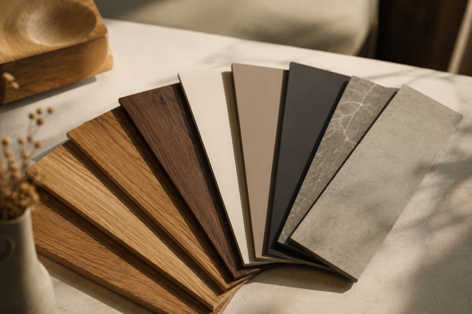Ventaglio di finiture e materiali disponibili - legni, laccati, pietre